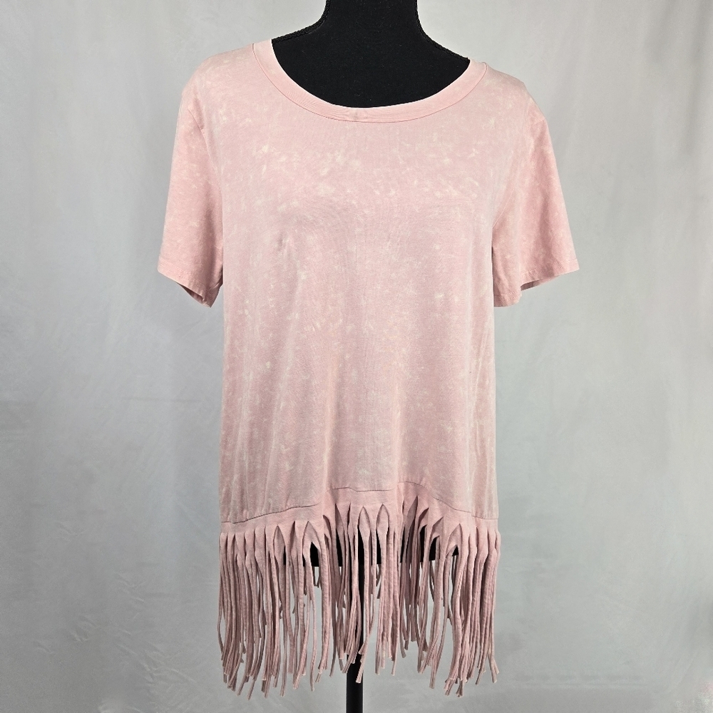 🔥 (5for$35) BIBI Stonewashed Pink Fringe Short Sleeve Crewneck Top Cotton